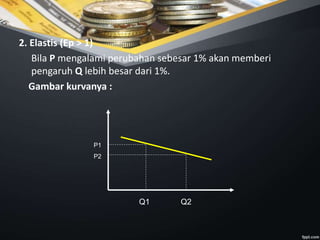 2. Elastis (Ep > 1)
Bila P mengalami perubahan sebesar 1% akan memberi
pengaruh Q lebih besar dari 1%.
Gambar kurvanya :
P1
P2
Q1 Q2
 