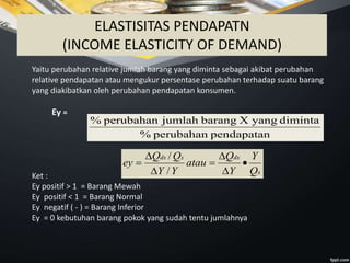 Yaitu perubahan relative jumlah barang yang diminta sebagai akibat perubahan
relative pendapatan atau mengukur persentase perubahan terhadap suatu barang
yang diakibatkan oleh perubahan pendapatan konsumen.
Ey =
Ket :
Ey positif > 1 = Barang Mewah
Ey positif < 1 = Barang Normal
Ey negatif ( - ) = Barang Inferior
Ey = 0 kebutuhan barang pokok yang sudah tentu jumlahnya
pendapatanperubahan%
dimintayangXbarangjumlahperubahan%
x
dxxdx
Q
Y
Y
Q
atau
YY
QQ
ey 






/
/
ELASTISITAS PENDAPATN
(INCOME ELASTICITY OF DEMAND)
 
