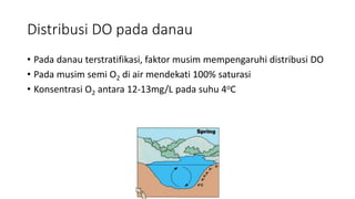 Distribusi DO pada danau
• Pada danau terstratifikasi, faktor musim mempengaruhi distribusi DO
• Pada musim semi O2 di air mendekati 100% saturasi
• Konsentrasi O2 antara 12-13mg/L pada suhu 4oC
 
