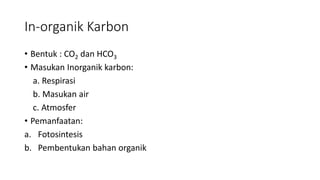 In-organik Karbon
• Bentuk : CO2 dan HCO3
• Masukan Inorganik karbon:
a. Respirasi
b. Masukan air
c. Atmosfer
• Pemanfaatan:
a. Fotosintesis
b. Pembentukan bahan organik
 