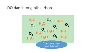DO dan in-organik karbon
H2O
H2O
H2O
H2O
O2 H2O
H2O
H2O
O2
O2
O2
O2
O2
H2O
O2
H2O
O2 gas yang dapat
larut dalam air
 