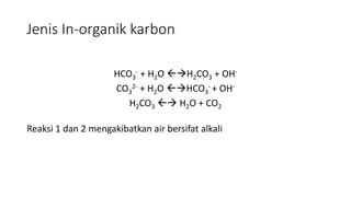 Jenis In-organik karbon
HCO3
- + H2O H2CO3 + OH-
CO3
2- + H2O HCO3
- + OH-
H2CO3  H2O + CO2
Reaksi 1 dan 2 mengakibatkan air bersifat alkali
 
