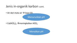 Jenis in-organik karbon cont.
• Air dari mata air  kaya CO2
• Ca(HCO3)2 meningkatkan HCO3
-
Menurunkan pH
Menaikan pH
 