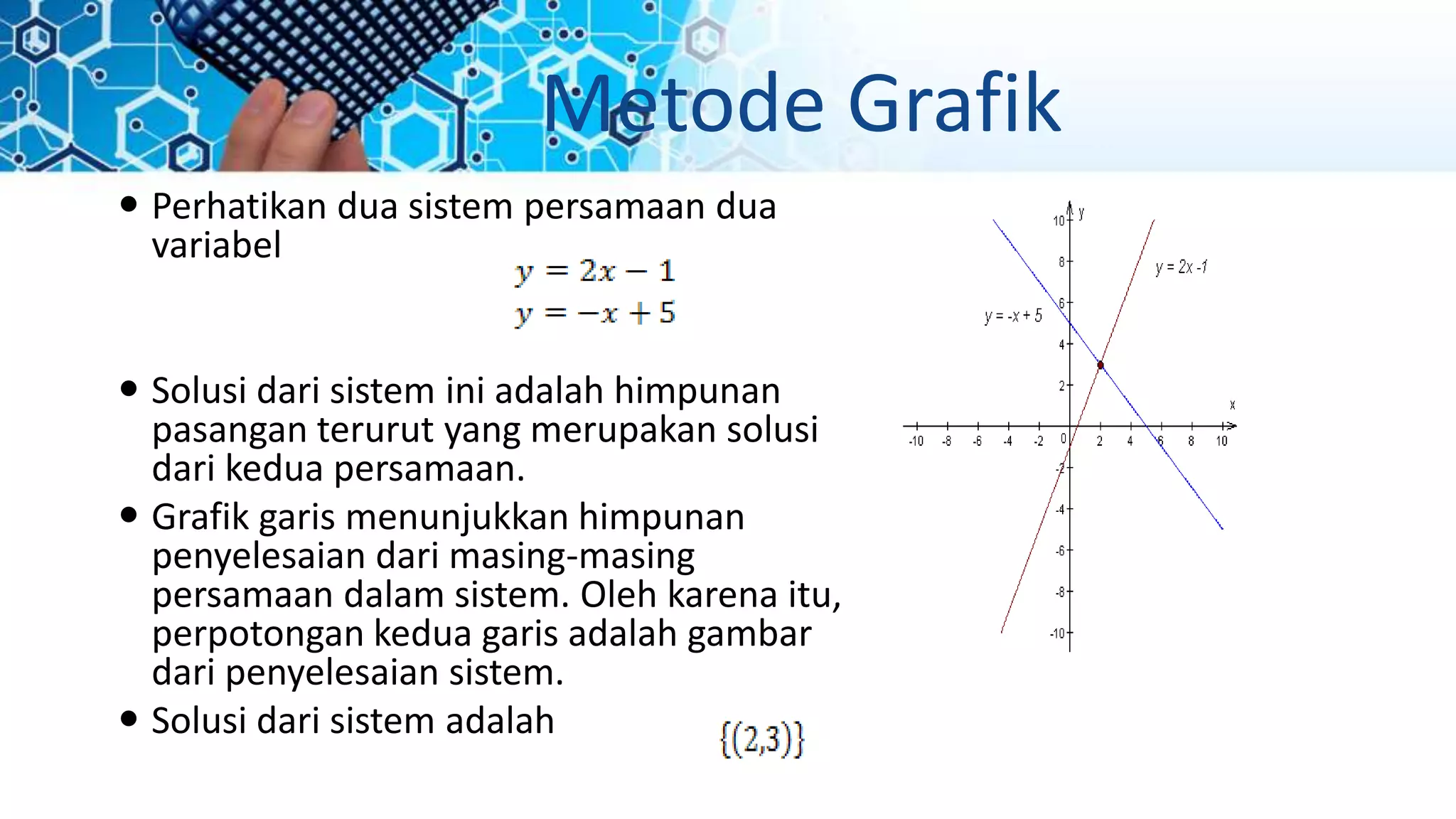 Metode Grafik
 Perhatikan dua sistem persamaan dua
variabel
 Solusi dari sistem ini adalah himpunan
pasangan terurut yang merupakan solusi
dari kedua persamaan.
 Grafik garis menunjukkan himpunan
penyelesaian dari masing-masing
persamaan dalam sistem. Oleh karena itu,
perpotongan kedua garis adalah gambar
dari penyelesaian sistem.
 Solusi dari sistem adalah
 
