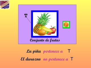 T Conjunto de frutas La piña  pertenece a   T El durazno  no pertenece a  T 