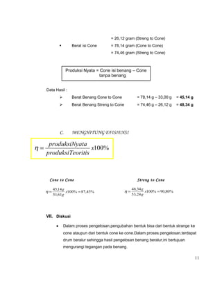 = 26,12 gram (Streng to Cone)
Berat isi Cone



= 78,14 gram (Cone to Cone)
= 74,46 gram (Streng to Cone)

Produksi Nyata = Cone isi benang – Cone
tanpa benang
Data Hasil :


= 78,14 g – 33,00 g

= 45,14 g



Berat Benang Streng to Cone

= 74,46 g – 26,12 g

= 48,34 g

C.

η=

Berat Benang Cone to Cone

MENGHITUNG EFISIENSI

produksiNyata
x100%
produksiTeoritis

Cone to Cone
η=

45,14 g
x100% = 87,45%
51,61g

Streng to Cone
η=

48,34 g
x100% = 90,80%
53,24 g

VII. Diskusi
•

Dalam proses pengelosan,pengubahan bentuk bisa dari bentuk strange ke
cone ataupun dari bentuk cone ke cone.Dalam proses pengelosan,terdapat
drum beralur sehingga hasil pengelosan benang beralur,ini bertujuan
mengurangi tegangan pada benang.

11

 