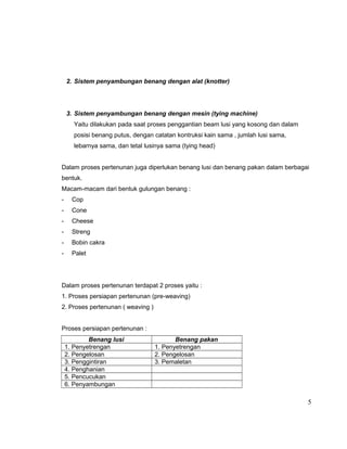2. Sistem penyambungan benang dengan alat (knotter)

3. Sistem penyambungan benang dengan mesin (tying machine)
Yaitu dilakukan pada saat proses penggantian beam lusi yang kosong dan dalam
posisi benang putus, dengan catatan kontruksi kain sama , jumlah lusi sama,
lebarnya sama, dan tetal lusinya sama (tying head)
Dalam proses pertenunan juga diperlukan benang lusi dan benang pakan dalam berbagai
bentuk.
Macam-macam dari bentuk gulungan benang :
-

Cop

-

Cone

-

Cheese

-

Streng

-

Bobin cakra

-

Palet

Dalam proses pertenunan terdapat 2 proses yaitu :
1. Proses persiapan pertenunan (pre-weaving)
2. Proses pertenunan ( weaving )
Proses persiapan pertenunan :
Benang lusi
1. Penyetrengan
2. Pengelosan
3. Penggintiran
4. Penghanian
5. Pencucukan
6. Penyambungan

Benang pakan
1. Penyetrengan
2. Pengelosan
3. Pemaletan

5

 