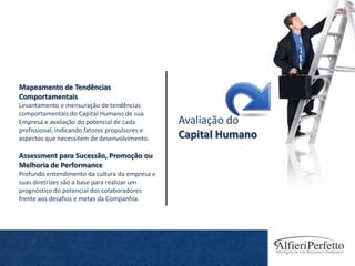Mapeamento de Tendências
Comportamentais
Levantamento e mensuração de tendências
comportamentais do Capital Humano de sua
Empresa e avaliação do potencial de cada        Avaliação do
profissional, indicando fatores propulsores e
aspectos que necessitem de desenvolvimento.     Capital Humano
Assessment para Sucessão, Promoção ou
Melhoria de Performance
Profundo entendimento da cultura da empresa e
suas diretrizes são a base para realizar um
prognóstico do potencial dos colaboradores
frente aos desafios e metas da Companhia.
 