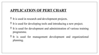 APPLICATION OF PERT CHART
 It is used in research and development projects.
 It is used for developing tools and introducing a new project.
 It is used for development and administration of various training
programme.
 It is used for management development and organizational
planning.
 
