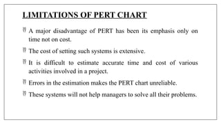 LIMITATIONS OF PERT CHART
 A major disadvantage of PERT has been its emphasis only on
time not on cost.
 The cost of setting such systems is extensive.
 It is difficult to estimate accurate time and cost of various
activities involved in a project.
 Errors in the estimation makes the PERT chart unreliable.
 These systems will not help managers to solve all their problems.
 