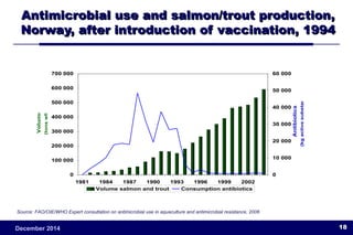AAnnttiimmiiccrroobbiiaall uussee aanndd ssaallmmoonn//ttrroouutt pprroodduuccttiioonn,, 
NNoorrwwaayy,, aafftteerr iinnttrroodduuccttiioonn ooff vvaacccciinnaattiioonn,, 11999944 
700 000 
600 000 
500 000 
400 000 
300 000 
200 000 
100 000 
0 
1981 1984 1987 1990 1993 1996 1999 2002 
Volume 
(tons wfe) 
60 000 
50 000 
40 000 
30 000 
20 000 
10 000 
0 
Antibiotics 
(kg active substance) 
Volume salmon and trout Consumption antibiotics 
Source: FAO/OIE/WHO Expert consultation on antimicrobial use in aquaculture and antimicrobial resistance, 2006 
1December 2014 8 
 