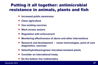 Putting it all together: antimicrobial 
resistance in animals, plants and fish 
• Increased public awareness 
• Clean agriculture 
• Use existing vaccines 
• Work across sectors 
• Regulation with enforcement 
• Monitoring effectiveness of above and other interventions 
• Research and development - newer technologies, point of care 
diagnostics, vaccines 
• Select/hybridise/engineer microbial-resistant plants 
• Consider an international treaty 
• Do the bottom line mathematics 
December 2014 27 
 