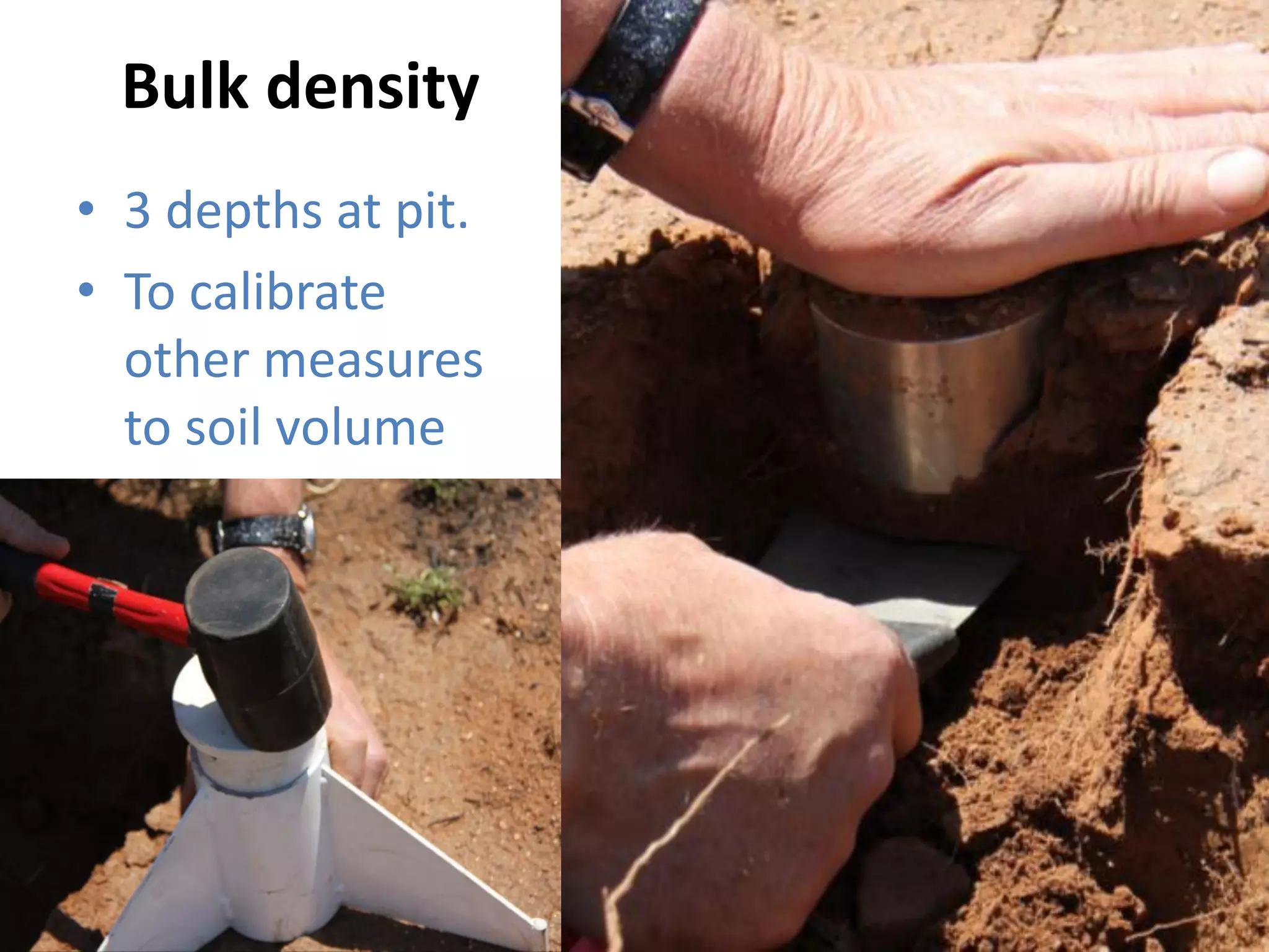 Bulk density
• 3 depths at pit.
• To calibrate
other measures
to soil volume
 