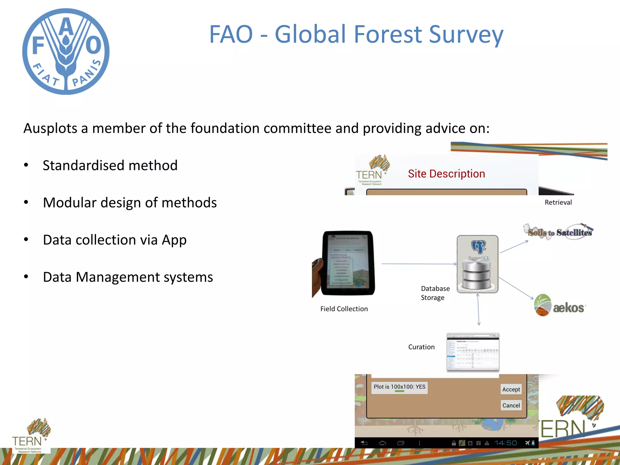 FAO - Global Forest Survey
Ausplots a member of the foundation committee and providing advice on:
• Standardised method
• Modular design of methods
• Data collection via App
• Data Management systems
 