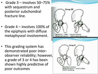• Grade 3 – involves 50–75%
with sequestrum and
posterior subchondral
fracture line.
• Grade 4 – involves 100% of
the epiphysis with diffuse
metaphyseal involvement.
• This grading system has
demonstrated poor inter-
observer reliability; however,
a grade of 3 or 4 has been
shown highly predictive of
poor outcomes
 