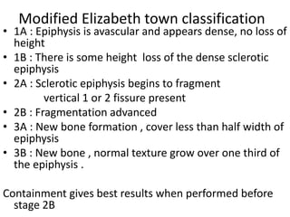 Modified Elizabeth town classification
• 1A : Epiphysis is avascular and appears dense, no loss of
height
• 1B : There is some height loss of the dense sclerotic
epiphysis
• 2A : Sclerotic epiphysis begins to fragment
vertical 1 or 2 fissure present
• 2B : Fragmentation advanced
• 3A : New bone formation , cover less than half width of
epiphysis
• 3B : New bone , normal texture grow over one third of
the epiphysis .
Containment gives best results when performed before
stage 2B
 