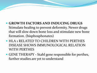  GROWTH FACTORS AND INDUCING DRUGS
Stimulate healing to prevent deformity. Newer drugs
that will slow down bone loss and stimulate new bone
formation. (bisphosphonates)
 HLA 1 RELATED TO CHILDREN WITH PERTHES
DISEASE SHOWS IMMUNOLOGICAL RELATION
WITH PERTHES
 GENE THERAPY - Stahl gene responsible for perthes,
further studies are yet to understand
 