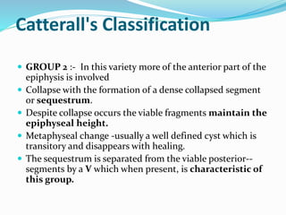 Catterall's Classification
 GROUP 2 :- In this variety more of the anterior part of the
epiphysis is involved
 Collapse with the formation of a dense collapsed segment
or sequestrum.
 Despite collapse occurs the viable fragments maintain the
epiphyseal height.
 Metaphyseal change -usually a well defined cyst which is
transitory and disappears with healing.
 The sequestrum is separated from the viable posterior--
segments by a V which when present, is characteristic of
this group.
 
