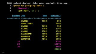 SQL> select deptno, job, mgr, sum(sal) from emp
2 group by grouping sets (
3 (deptno),
4 (job,mgr), () ) ;
DEPTNO JOB MGR SUM(SAL)
---------- --------- ---------- ----------
CLERK 7902 800
PRESIDENT 5000
CLERK 7698 950
CLERK 7788 1100
CLERK 7782 1300
SALESMAN 7698 5600
MANAGER 7839 8275
ANALYST 7566 6000
10 8750
20 10875
30 9400
29025
178
 