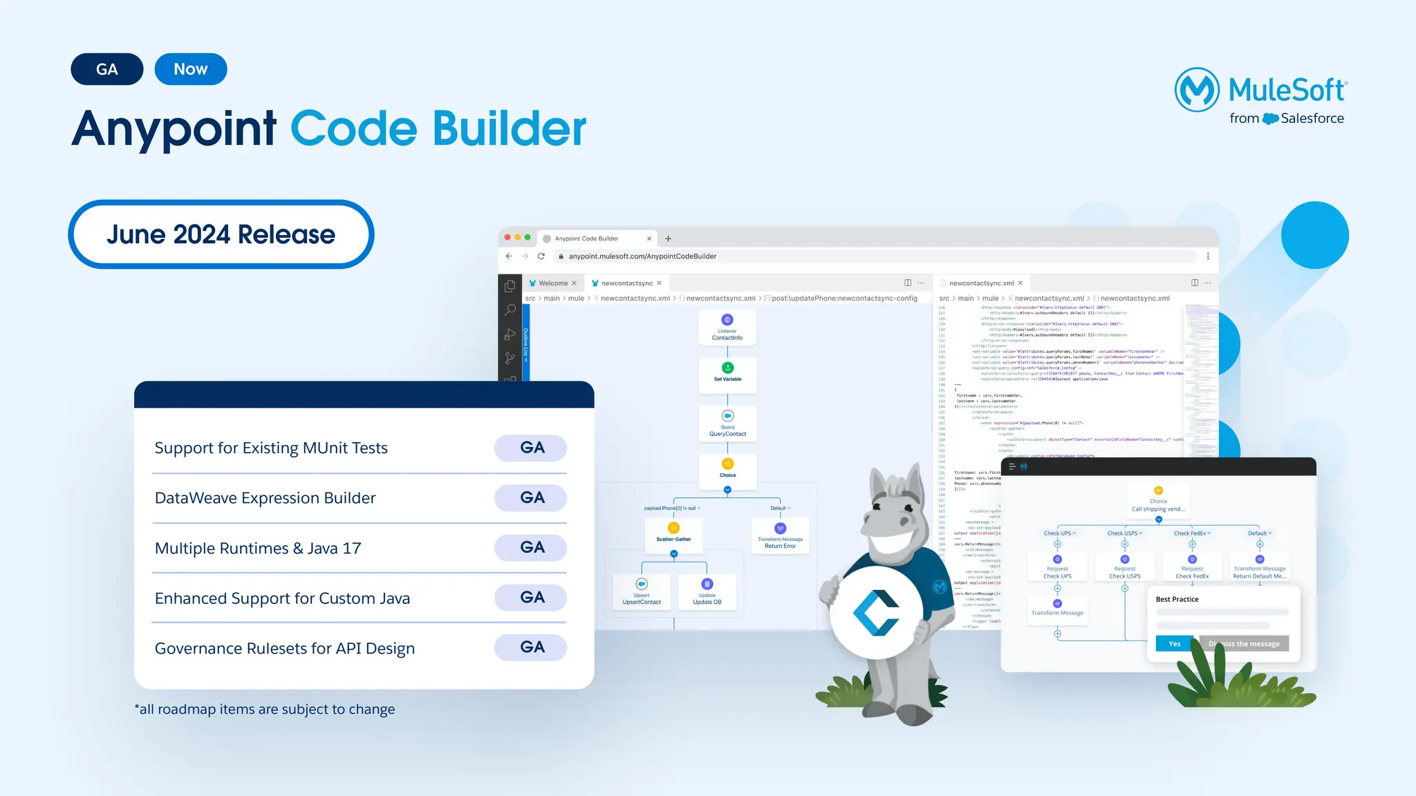 Anypoint Code Builder
*all roadmap items are subject to change
GA Now
Support for Existing MUnit Tests
DataWeave Expression Builder
Governance Rulesets for API Design
GA
Multiple Runtimes & Java 17
Enhanced Support for Custom Java
GA
GA
GA
GA
June 2024 Release
 