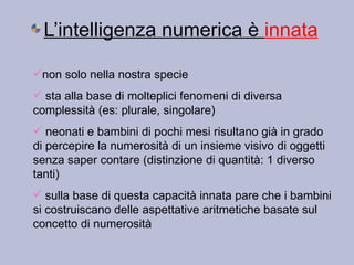 L’intelligenza numerica è innata
non solo nella nostra specie
 sta alla base di molteplici fenomeni di diversa
complessità (es: plurale, singolare)
 neonati e bambini di pochi mesi risultano già in grado
di percepire la numerosità di un insieme visivo di oggetti
senza saper contare (distinzione di quantità: 1 diverso
tanti)
 sulla base di questa capacità innata pare che i bambini
si costruiscano delle aspettative aritmetiche basate sul
concetto di numerosità
 