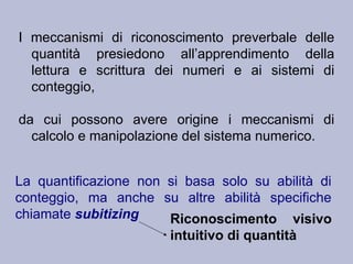 I meccanismi di riconoscimento preverbale delle
quantità presiedono all’apprendimento della
lettura e scrittura dei numeri e ai sistemi di
conteggio,
da cui possono avere origine i meccanismi di
calcolo e manipolazione del sistema numerico.
La quantificazione non si basa solo su abilità di
conteggio, ma anche su altre abilità specifiche
chiamate subitizing Riconoscimento visivo
intuitivo di quantità
 