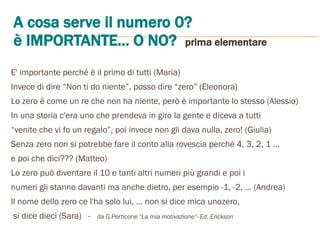A cosa serve il numero 0?
è IMPORTANTE... O NO? prima elementare
E' importante perché è il primo di tutti (Maria)
Invece di dire “Non ti do niente”, posso dire “zero” (Eleonora)
Lo zero è come un re che non ha niente, però è importante lo stesso (Alessio)
In una storia c'era uno che prendeva in giro la gente e diceva a tutti
“venite che vi fo un regalo”, poi invece non gli dava nulla, zero! (Giulia)
Senza zero non si potrebbe fare il conto alla rovescia perché 4, 3, 2, 1 …
e poi che dici??? (Matteo)
Lo zero può diventare il 10 e tanti altri numeri più grandi e poi i
numeri gli stanno davanti ma anche dietro, per esempio -1, -2, … (Andrea)
Il nome dello zero ce l'ha solo lui, … non si dice mica unozero,
si dice dieci (Sara) - da G.Perticone “La mia motivazione”- Ed. Erickson
 