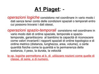 A1 Piaget: -
operazioni logiche consistono nel coordinare in vario modo i
dati senza tener conto delle condizioni spaziali o temporali entro
cui possono trovarsi i dati stessi,
operazioni spazio-temporali consistono nel coordinare in
vario modo dati di ordine spaziale, temporale e spazio-
temporale, garantiscono al bambino la capacità di riconoscere
come valori invarianti i rapporti spaziali di ordine topologico e di
ordine metrico (distanza, lunghezza, area, volume), o certe
quantità fisiche come la quantità e la permanenza della
sostanza, il peso, la durata, la velocità
le op. logiche permettono al b. di utilizzare nozioni come quelle di
classe, di serie, e di numero.
 
