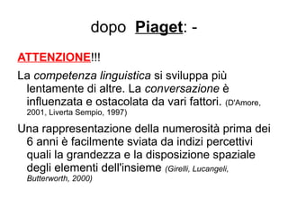 dopo Piaget: -
ATTENZIONE!!!
La competenza linguistica si sviluppa più
lentamente di altre. La conversazione è
influenzata e ostacolata da vari fattori. (D'Amore,
2001, Liverta Sempio, 1997)
Una rappresentazione della numerosità prima dei
6 anni è facilmente sviata da indizi percettivi
quali la grandezza e la disposizione spaziale
degli elementi dell'insieme (Girelli, Lucangeli,
Butterworth, 2000)
 