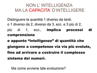 NON L’ INTELLIGENZA
MA LA CAPACITA’ D’INTELLIGERE
Distinguere la quantità 1 diverso da tanti,
o 1 diverso da 2, diverso da 3, ecc. e 3 più di 2,
più di 1, ecc., implica processi di
comprensione
e appunto “intelligenze” di quantità che
giungono a competenze via via più evolute,
fino ad arrivare a costruire il complesso
sistema dei numeri.
Ma come avviene tale evoluzione?
 