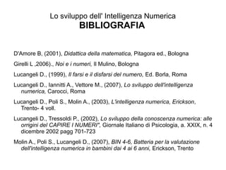 Lo sviluppo dell' Intelligenza Numerica
BIBLIOGRAFIA
D'Amore B, (2001), Didattica della matematica, Pitagora ed., Bologna
Girelli L ,2006)., Noi e i numeri, Il Mulino, Bologna
Lucangeli D., (1999), Il farsi e il disfarsi del numero, Ed. Borla, Roma
Lucangeli D., Iannitti A., Vettore M., (2007), Lo sviluppo dell'intelligenza
numerica, Carocci, Roma
Lucangeli D., Poli S., Molin A., (2003), L'intelligenza numerica, Erickson,
Trento- 4 voll.
Lucangeli D., Tressoldi P., (2002), Lo sviluppo della conoscenza numerica: alle
orrigini del CAPIRE I NUMERI", Giornale Italiano di Psicologia, a. XXIX, n. 4
dicembre 2002 pagg 701-723
Molin A., Poli S., Lucangeli D., (2007), BIN 4-6, Batteria per la valutazione
dell'intelligenza numerica in bambini dai 4 ai 6 anni, Erickson, Trento
 