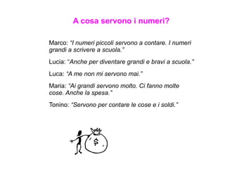 A cosa servono i numeri?
Marco: “I numeri piccoli servono a contare. I numeri
grandi a scrivere a scuola.”
Lucia: “Anche per diventare grandi e bravi a scuola.”
Luca: “A me non mi servono mai.”
Maria: “Ai grandi servono molto. Ci fanno molte
cose. Anche la spesa.”
Tonino: “Servono per contare le cose e i soldi.”
 