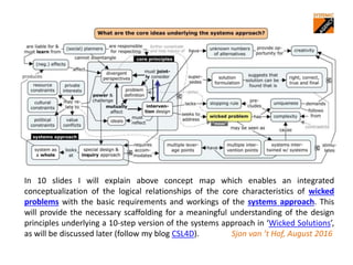 In 10 slides I will explain above concept map which enables an integrated
conceptualization of the logical relationships of the core characteristics of
wicked problems with the basic requirements and workings of the systems approach.
This will provide the necessary scaffolding for a meaningful understanding of the
design principles underlying a 10-step version of the systems approach in ‘
Wicked Solutions’, as will be discussed later (follow my blog CSL4D). Sjon van
’t Hof, August 2016
 