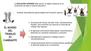 La EDUCACIÓN SUPERIOR debe asumir un papel conductor en la
renovación de todo el sistema educativo
 Mayor diversidad de oportunidades de formación superior
EL MUNDO
DEL
TRABAJO
ES
CAMBIANTE
 Una educación eficaz, de buen nivel, suficientemente
flexible, para enfrentar los retos de un mercado de
trabajo muy riguroso.
 El egresado universitario debe poseer conocimientos y
destrezas en constante renovación y evolución.
 Habilidad para integrarse a trabajos multi e
interdisciplinarios.
 Consecuentemente darle el reconocimiento académico
el señal de madurez en su formación.
 