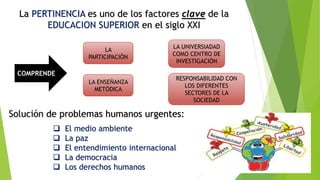 La PERTINENCIA es uno de los factores clave de la
EDUCACION SUPERIOR en el siglo XXI
LA
PARTICIPACIÓN
RESPONSABILIDAD CON
LOS DIFERENTES
SECTORES DE LA
SOCIEDAD
LA ENSEÑANZA
METÓDICA
LA UNIVERSIADAD
COMO CENTRO DE
INVESTIGACIÓN
COMPRENDE
Solución de problemas humanos urgentes:
 El medio ambiente
 La paz
 El entendimiento internacional
 La democracia
 Los derechos humanos
 