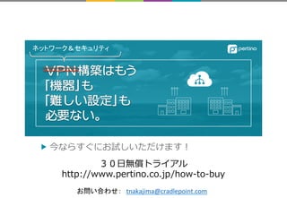 „ 今ならすぐにお試しいただけます！
３０⽇無償トライアル
http://www.pertino.co.jp/how-to-buy
ネットワーク＆セキュリティ	
お問い合わせ：　tnakajima@cradlepoint.com		
 