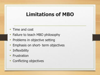 Limitations of MBO
• Time and cost
• Failure to teach MBO philosophy
• Problems in objective setting
• Emphasis on short- term objectives
• Inflexibility
• Frustration
• Conflicting objectives
 