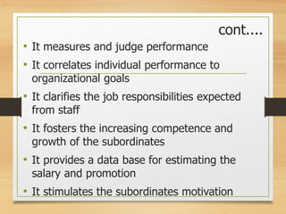 cont....
• It measures and judge performance
• It correlates individual performance to
organizational goals
• It clarifies the job responsibilities expected
from staff
• It fosters the increasing competence and
growth of the subordinates
• It provides a data base for estimating the
salary and promotion
• It stimulates the subordinates motivation
 