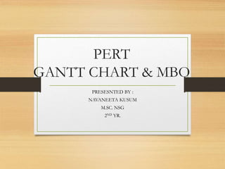 PERT
GANTT CHART & MBO
PRESESNTED BY :
NAVANEETA KUSUM
M.SC. NSG
2ND YR.
 