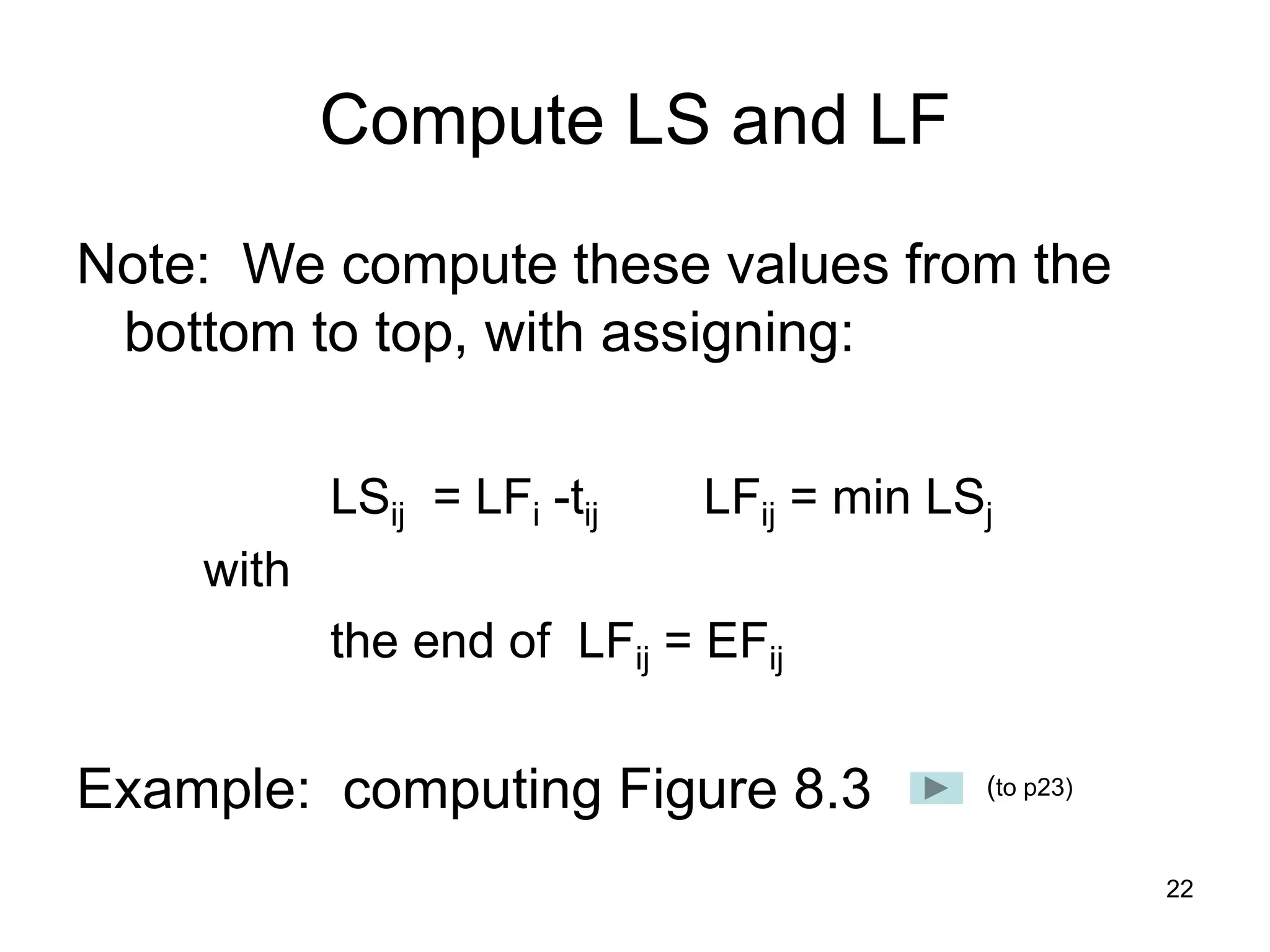 22
Compute LS and LF
Note: We compute these values from the
bottom to top, with assigning:
LSij = LFi -tij LFij = min LSj
with
the end of LFij = EFij
Example: computing Figure 8.3 (to p23)
 