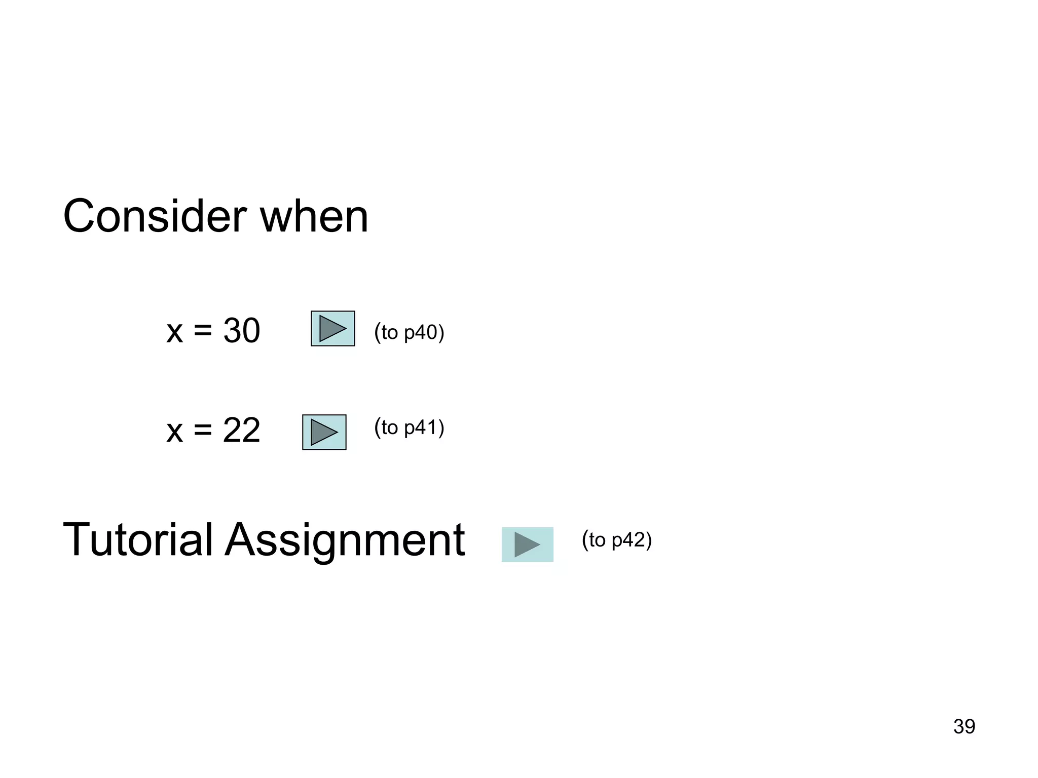 39
Consider when
x = 30
x = 22
Tutorial Assignment
(to p40)
(to p41)
(to p42)
 