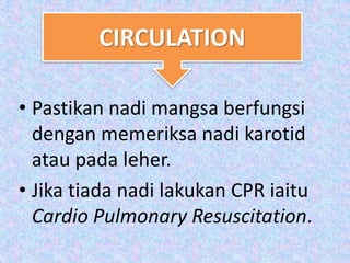 • Pastikan nadi mangsa berfungsi
dengan memeriksa nadi karotid
atau pada leher.
• Jika tiada nadi lakukan CPR iaitu
Cardio Pulmonary Resuscitation.
CIRCULATION
 