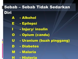 A - Alkohol E - Epilepsi I - Injury/ insulin O - Opium (candu) U - Uranium (buah pinggang) D - Diabetes M - Malaria H - Histeria Sebab – Sebab Tidak Sedarkan Diri 