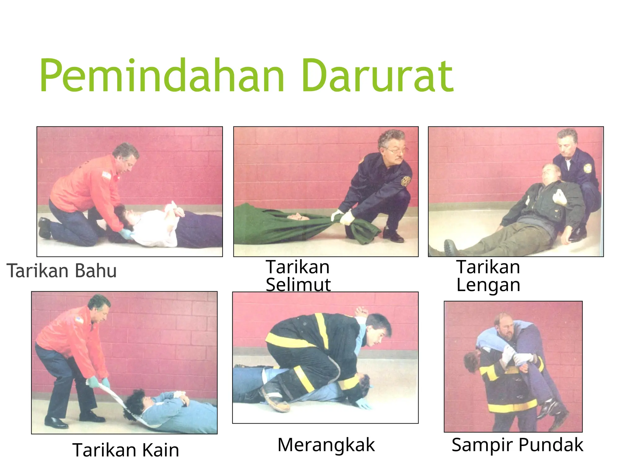 Pemindahan Darurat
Tarikan Bahu Tarikan
Selimut
Tarikan
Lengan
Tarikan Kain Merangkak Sampir Pundak
 