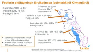 © Luonnonvarakeskus
Fosforin pidättyminen järviketjussa (esimerkkinä Kirmanjärvi)
Kuormitus 15 kg P/v
Poistuma 8 kg P/v
Pi...
