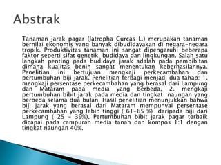 Tanaman jarak pagar (Jatropha Curcas L.) merupakan tanaman
bernilai ekonomis yang banyak dibudidayakan di negara-negara
tropik. Produktivitas tanaman ini sangat dipengaruhi beberapa
faktor seperti sifat genetik, budidaya dan lingkungan. Salah satu
langkah penting pada budidaya jarak adalah pada pembibitan
dimana kualitas benih sangat menentukan keberhasilannya.
Penelitian ini bertujuan mengkaji perkecambahan dan
pertumbuhan biji jarak. Penelitian terbagi menjadi dua tahap: 1.
mengkaji persentase perkecambahan yang berasal dari Lampung
dan Mataram pada media yang berbeda, 2. mengkaji
pertumbuhan bibit jarak pada media dan tingkat naungan yang
berbeda selama dua bulan. Hasil penelitian menunjukkan bahwa
biji jarak yang berasal dari Mataram mempunyai persentase
perkecambahan yang lebih tinggi ( 61-65 %) daripada biji dari
Lampung ( 25 - 39%). Pertumbuhan bibit jarak pagar terbaik
dicapai pada campuran media tanah dan kompos 1:1 dengan
tingkat naungan 40%.

 
