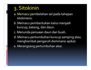 3. Sitokinin
a. Memacu pembelahan sel pada tahapan
   sitokinesis.
b. Memacu pembentukan kalus menjadi
   kuncup, batang, dan daun.
c. Menunda penuaan daun dan buah.
d. Memacu pertumbuhan kuncup samping atau
   menghambat pengaruh dominansi apikal.
e. Merangsang pertumbuhan akar.
 