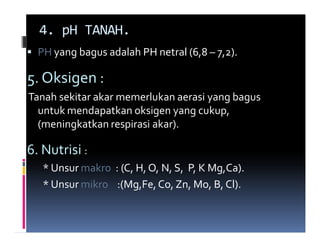 4. pH TANAH.
  PH yang bagus adalah PH netral (6,8 – 7,2).

5. Oksigen :
Tanah sekitar akar memerlukan aerasi yang bagus
  untuk mendapatkan oksigen yang cukup,
  (meningkatkan respirasi akar).

6. Nutrisi :
   * Unsur makro : (C, H, O, N, S, P, K Mg,Ca).
   * Unsur mikro :(Mg,Fe, Co, Zn, Mo, B, Cl).
 