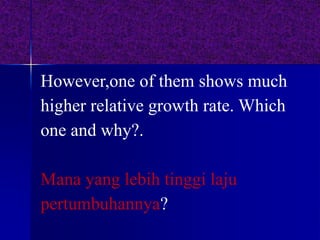 However,one of them shows much
higher relative growth rate. Which
one and why?.
Mana yang lebih tinggi laju
pertumbuhannya?
 