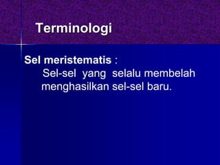 Terminologi
Sel meristematis :
Sel-sel yang selalu membelah
menghasilkan sel-sel baru.
 